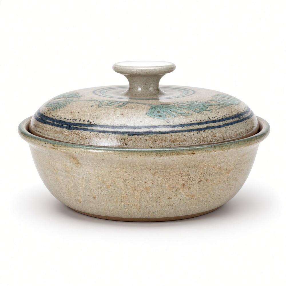 Marguerite Signed Studio Pottery Lidded Casserole Dish Teal Blue Floral 10"